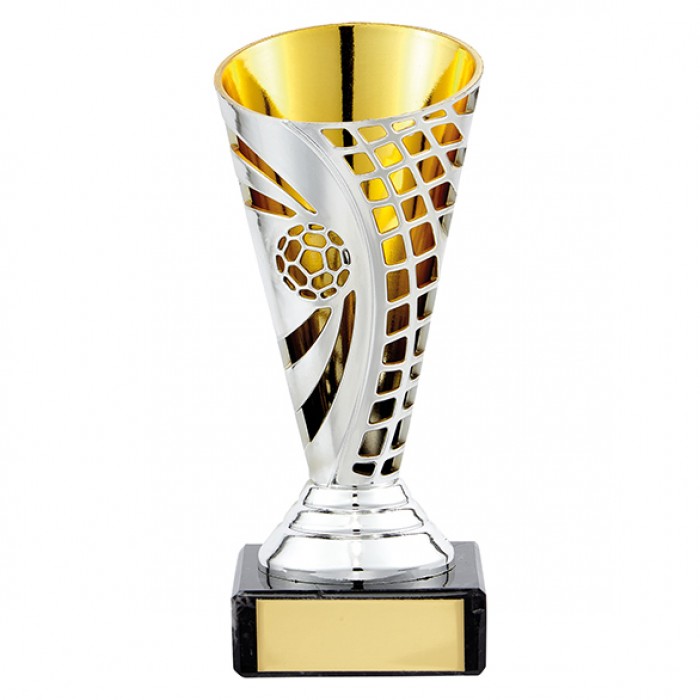SILVER/GOLD PLASTIC BUDGET FOOTBALL CUPS  - AVAILABLE IN 3 SIZES (14CM - 17CM)